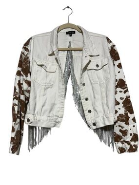 Timing Sequin Fringe Jean Jacket Size S Cow Print Festival Western Concert